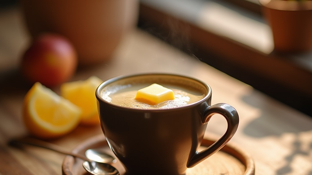 Schaumiger Bulletproof Coffee mit schmelzender Butter obenauf