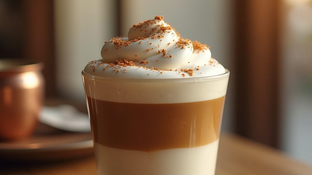 Aufgeschlagener Dalgona-Kaffeeschaum auf Milch in einem Glas