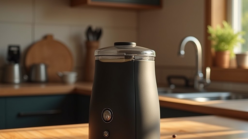Elektrische Kaffeemühle mit verstreuten Kaffeebohnen auf der Arbeitsplatte