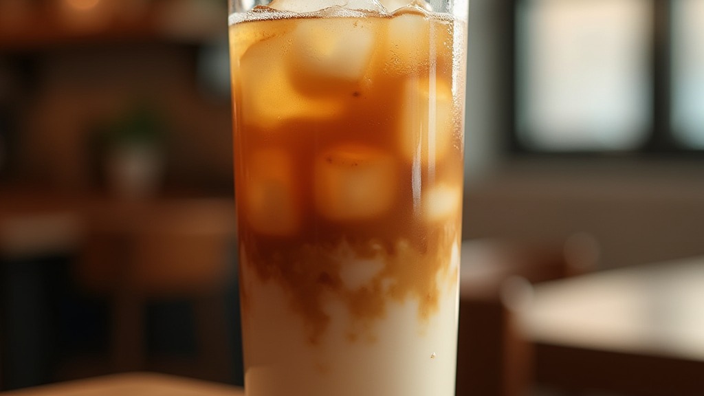 Hohes Glas Eiskaffee mit Eiswürfeln und Milchschwirl