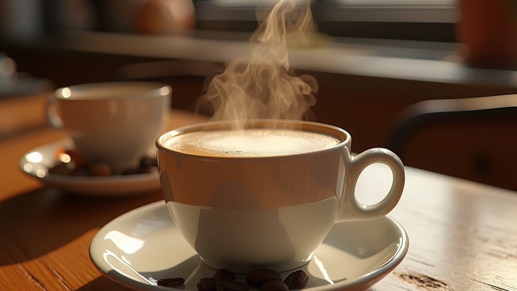 Tasse Kaffee auf einem Holztisch neben einem kleinen Haufen Kaffeebohnen