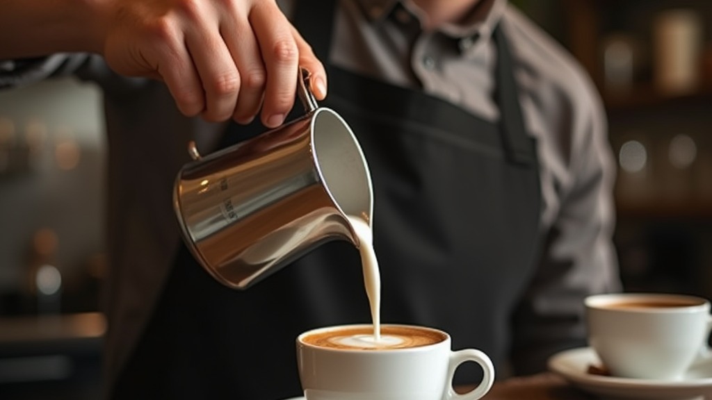 Milch wird für einen selbstgemachten Flat White in Espresso gegossen