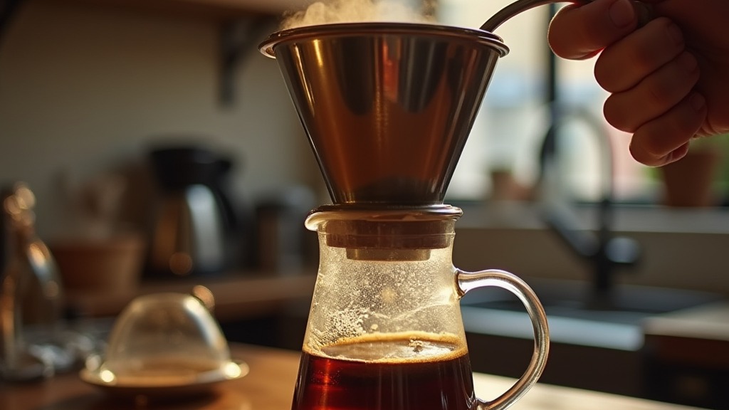 French Press wird auf einer Holzarbeitsplatte heruntergedrückt