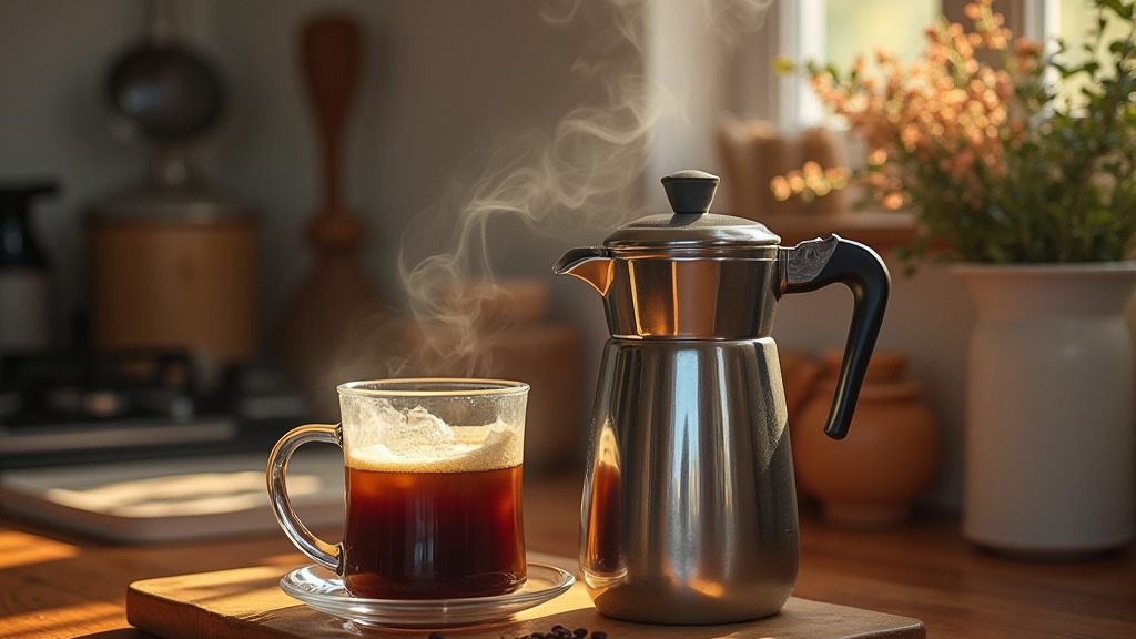 Edelstahl-Isolierkanne für Kaffee auf einer Holzarbeitsplatte