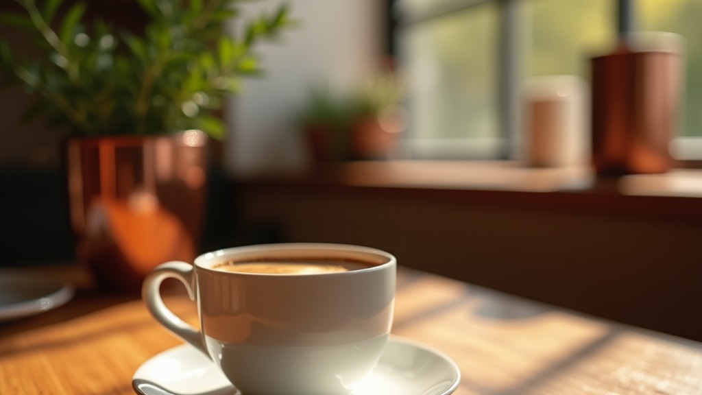 Tasse Kaffee auf einem Frühstückstisch neben einem leeren Teller