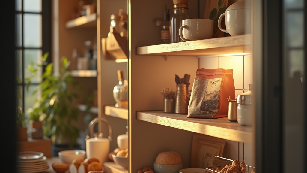 Kaffeepackung liegt auf einem Fach im geöffneten Kühlschrank