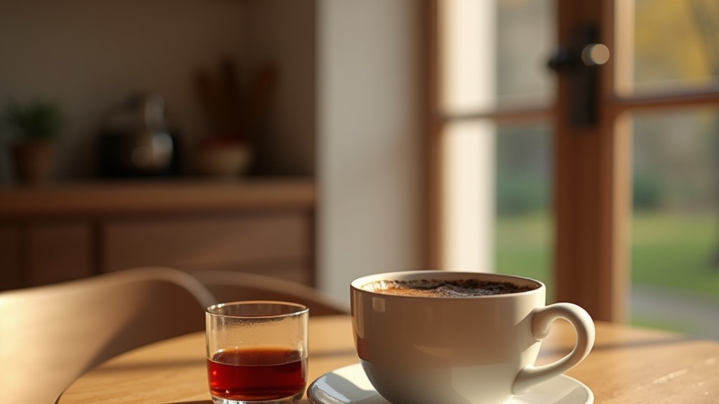 Tasse Kaffee neben einer Tasse Kräutertee auf einem gemütlichen Tisch