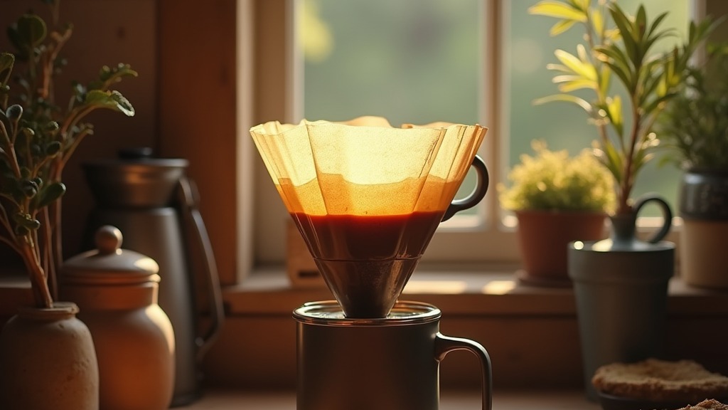 Kaffeefilter wird über einen Reisebecher im Freien gehalten