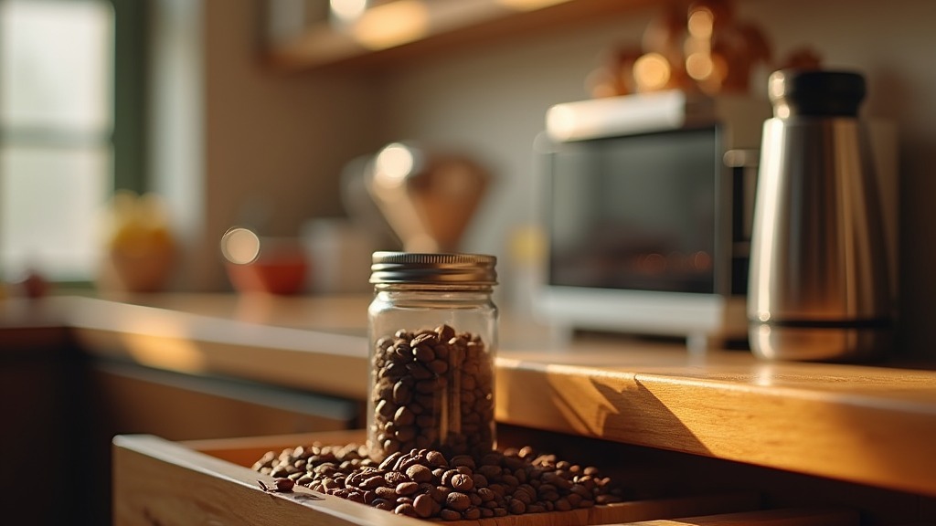 Luftdichter Behälter mit Kaffeebohnen neben einem geöffneten Gefrierfach