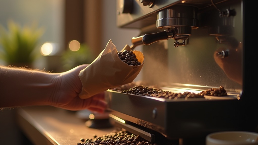 Kaffeebohnen werden in den Bohnenbehälter eines Kaffeevollautomaten gefüllt