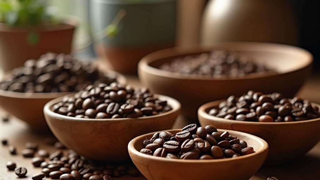 Kaffeebohnen unterschiedlicher Röstgrade in kleinen Holzschalen