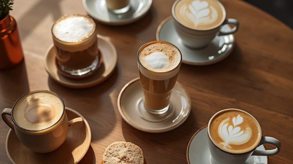 Verschiedene Kaffeegetränke in Gläsern und Tassen von oben fotografiert