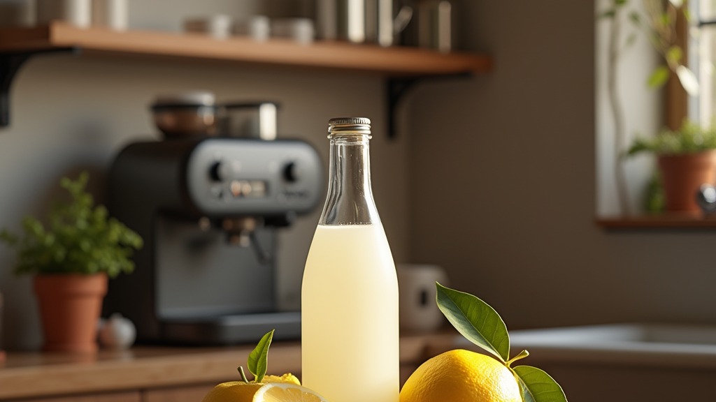 Essigflasche und eine Zitrone stehen neben einer Kaffeemaschine