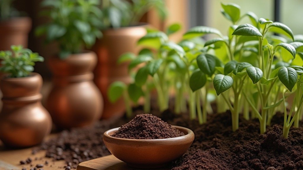 Kaffeesatz wird rund um Pflanzen in einem Gartenbeet verteilt