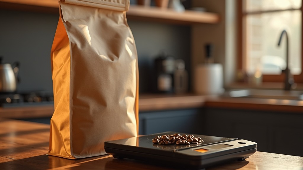 Digitale Kaffeewaage neben einer Packung Kaffeebohnen