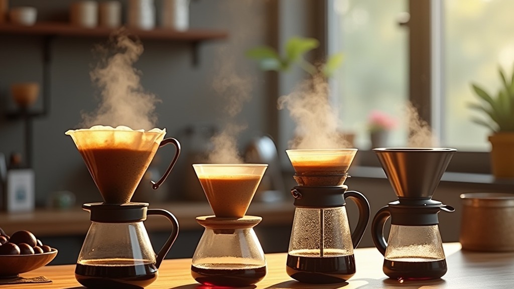 Verschiedene Kaffeezubereitungsmethoden nebeneinander auf einer Holzarbeitsplatte