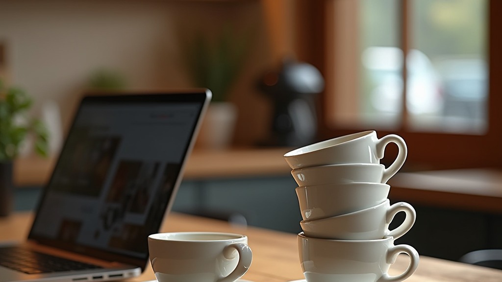 Mehrere leere Kaffeetassen stapeln sich neben einem Laptop auf dem Schreibtisch
