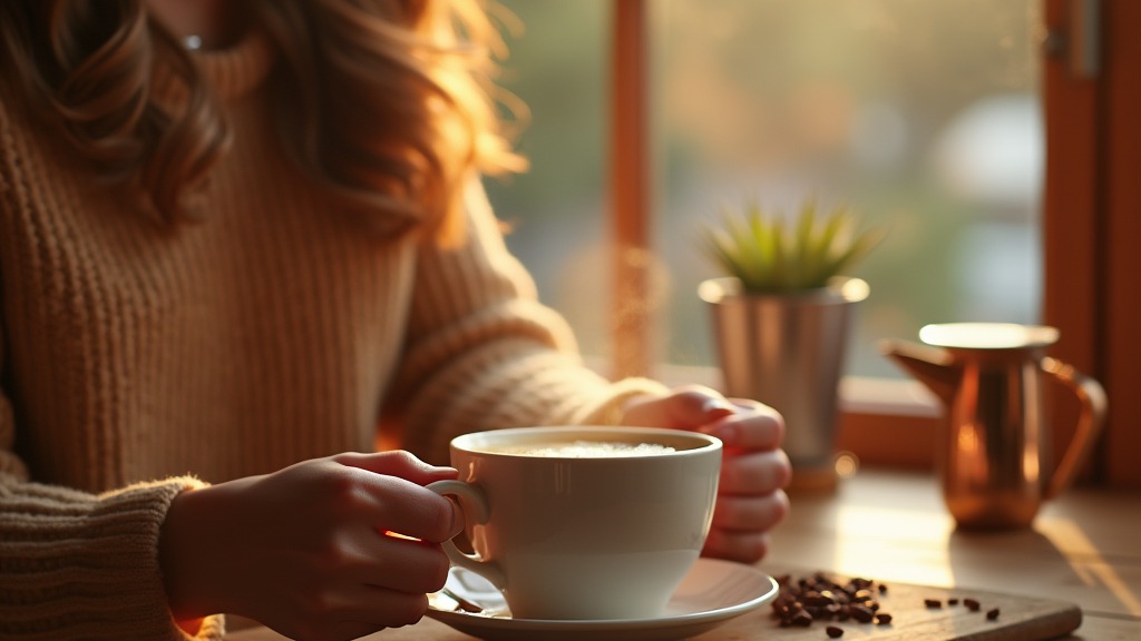 Person hält eine warme Tasse Kaffee in beiden Händen am Fenster