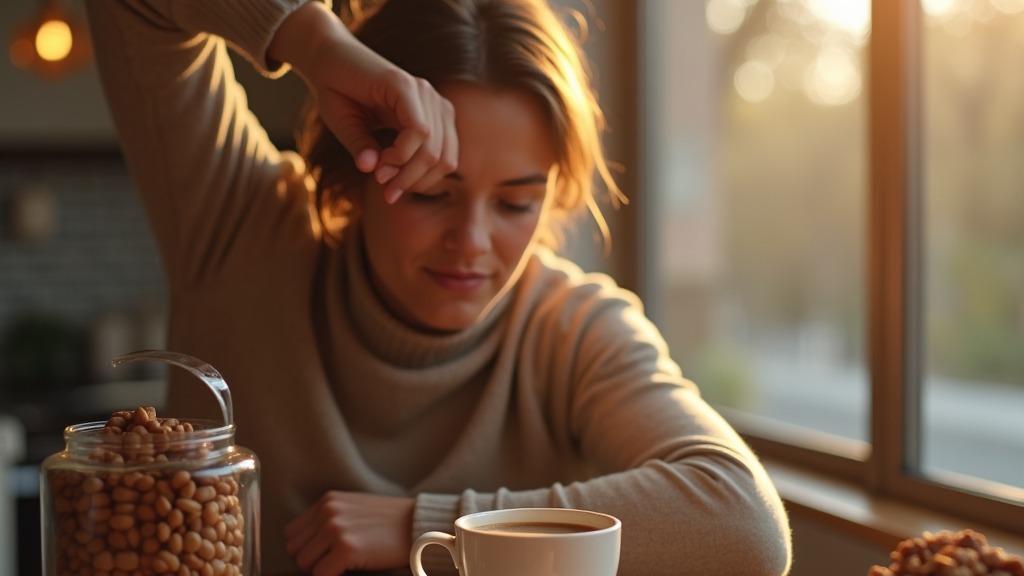 Person streckt sich morgens mit einer Tasse Kaffee in der Hand
