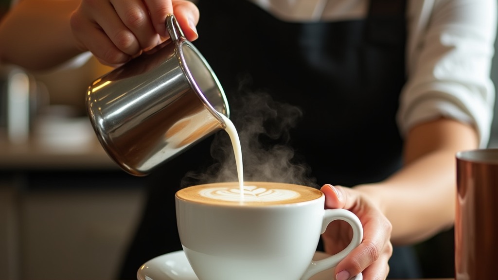 Barista gießt Milchschaum für Latte Art in eine Tasse