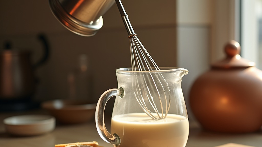 Handmilchaufschäumer schäumt Milch in einem kleinen Glaskännchen auf