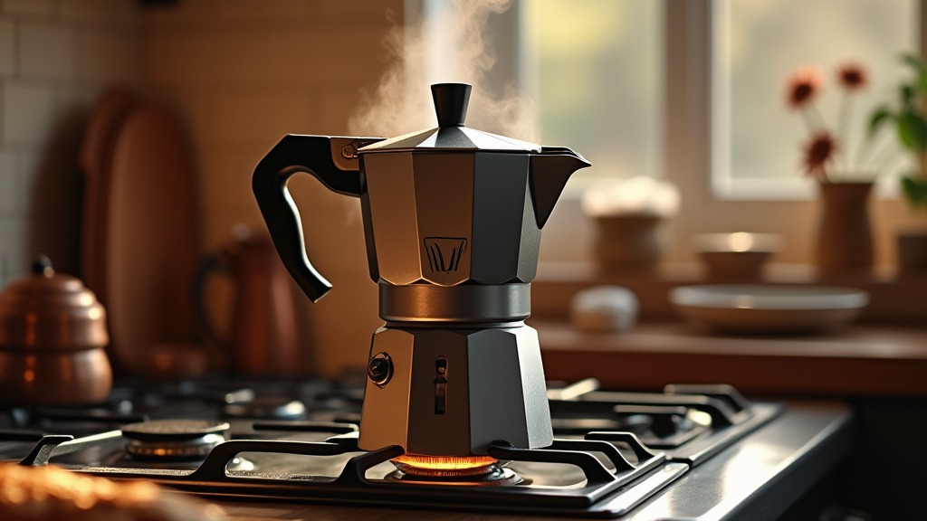 Klassische Espressokanne auf einer Gasflamme mit aufsteigendem Dampf