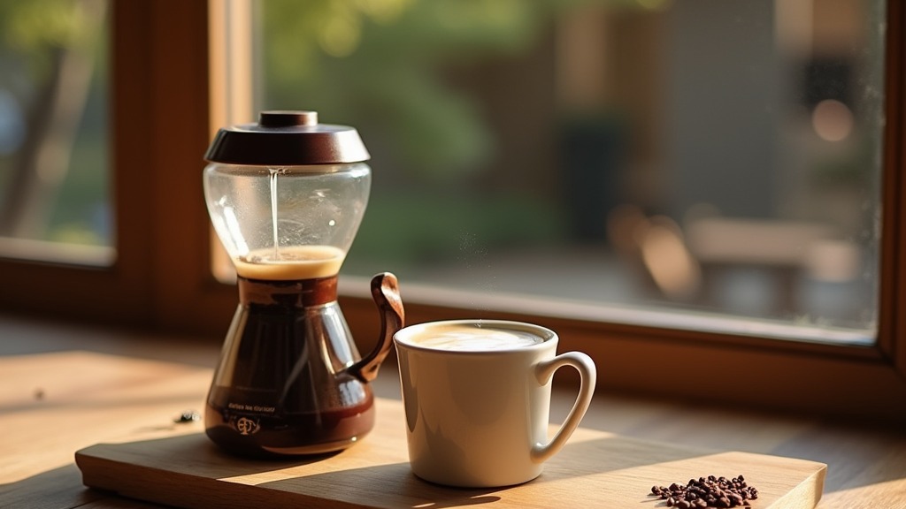 Tragbarer Espressobereiter neben einem Reisebecher auf einem Holztisch