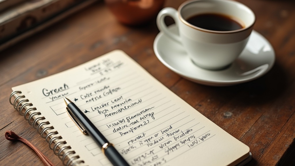 Notizbuch mit handschriftlichen Notizen neben einer Tasse Kaffee, von oben fotografiert