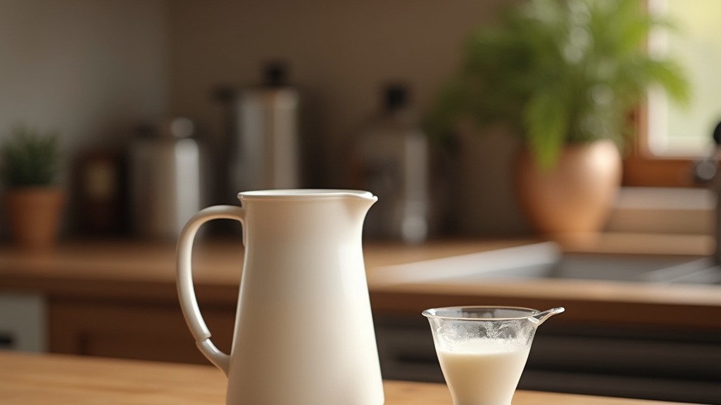 Milchkännchen mit flacher, ungeschäumter Milch neben einem Milchaufschäumer
