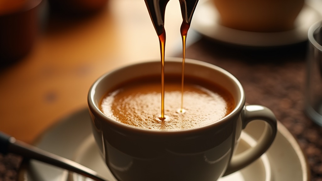 Espresso wird in eine kleine Tasse gezogen, Crema sichtbar