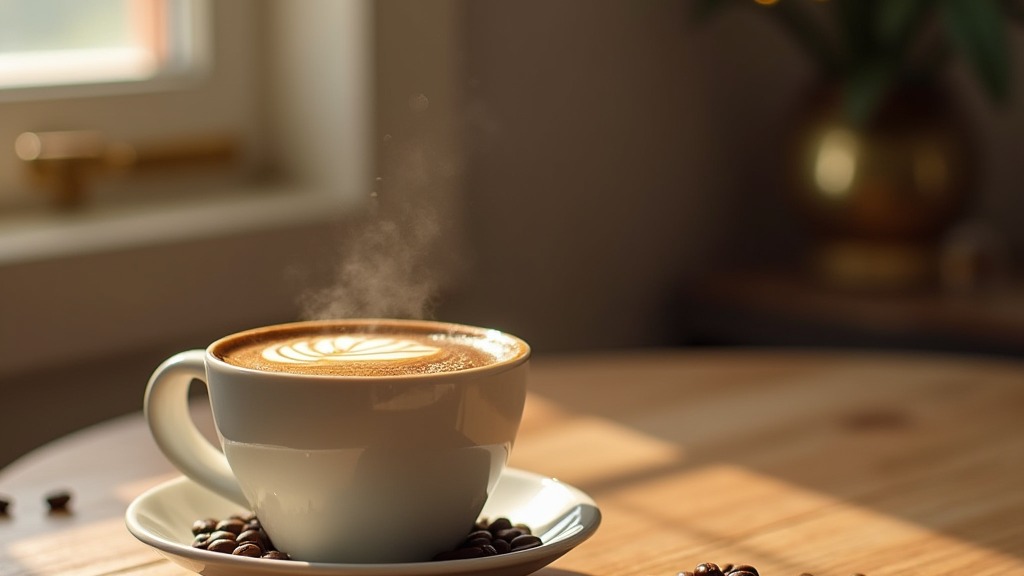 Tasse Kaffee neben einem kleinen Häufchen Kaffeebohnen auf Holztisch