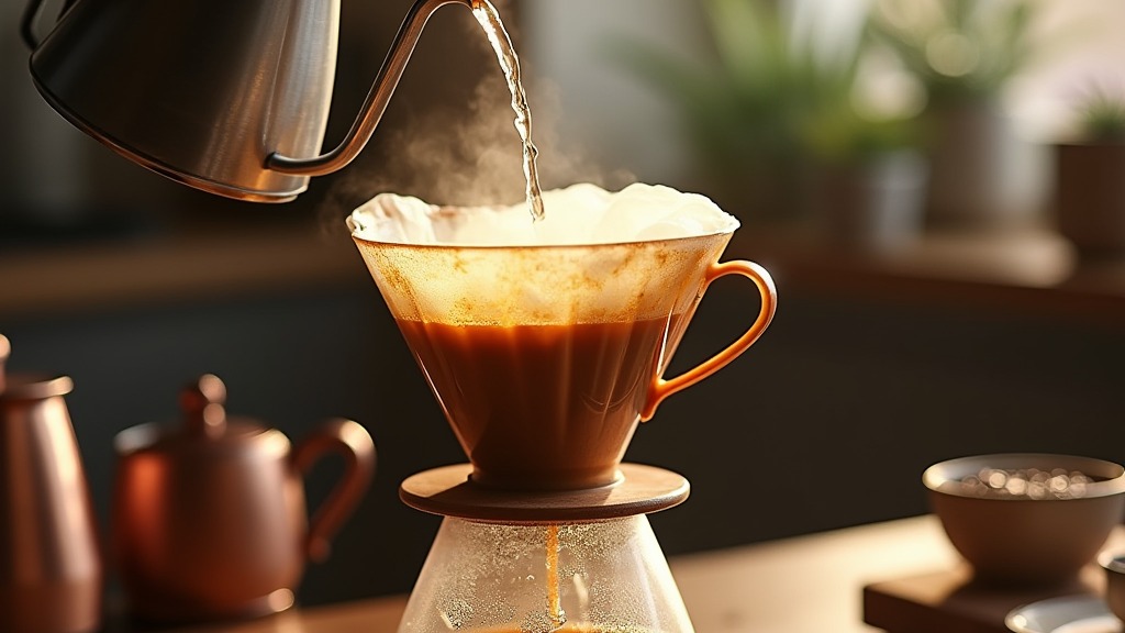 Heißes Wasser wird spiralförmig über Kaffeepulver im Handfilter gegossen