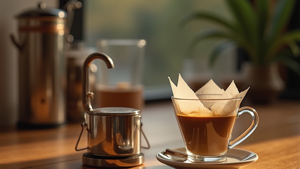 Refraktometer neben einer Tasse Filterkaffee auf einem Holztisch