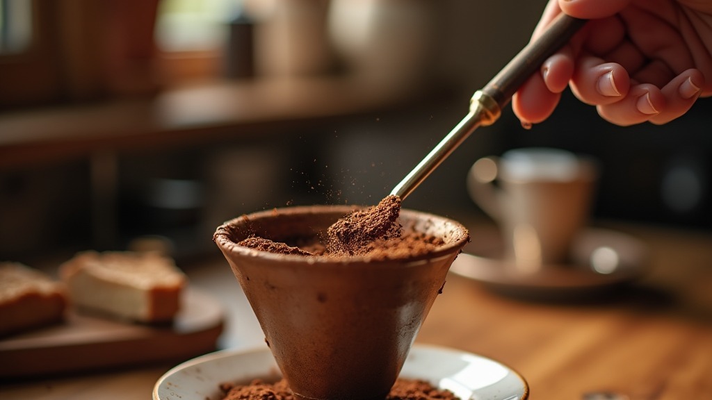 Dünnes WDT-Werkzeug rührt Kaffeepulver im Siebträger auf