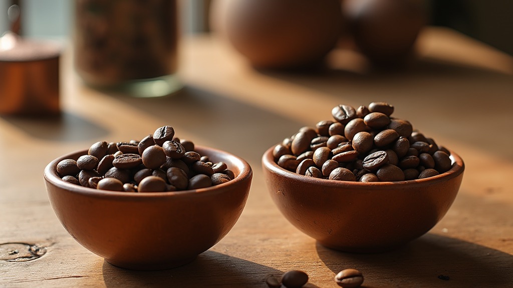 Zwei Schalen mit Arabica- und Robusta-Bohnen im direkten Vergleich