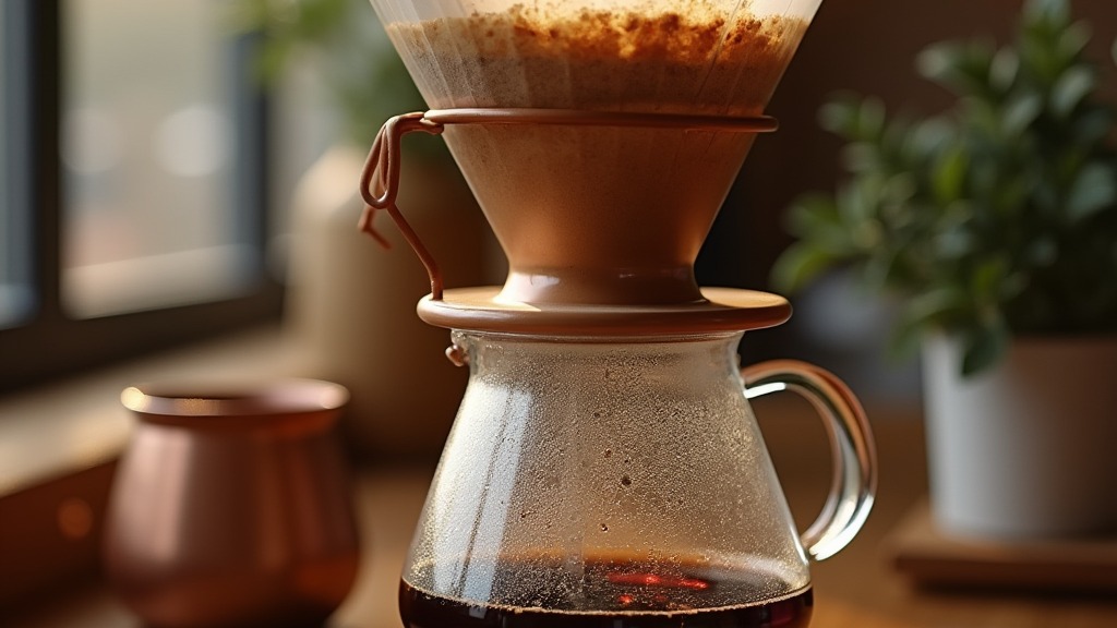 Digitale Waage unter einem Handfilter zeigt das Kaffee-Wasser-Verhältnis