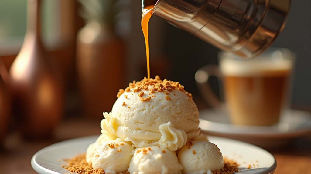 Espresso wird über eine Kugel Vanilleeis für Affogato gegossen