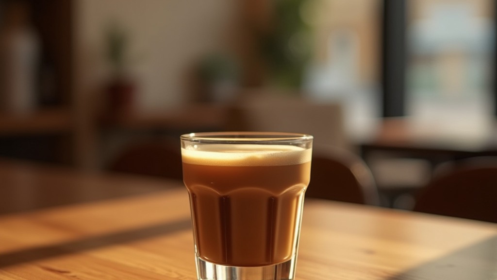 Kleines Glas Cortado mit leichtem Schaum auf einem Café-Tisch
