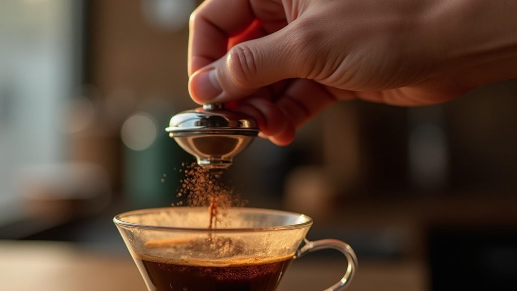 Hand presst einen Tamper in den mit Kaffeepulver gefüllten Siebträger