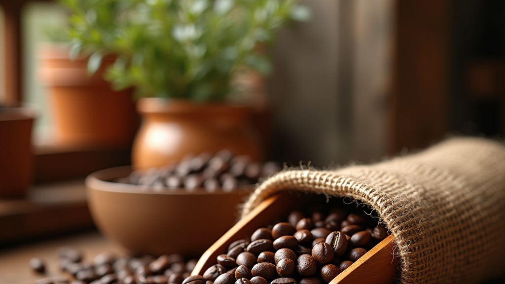 Kaffeebohnen in einer Holzschaufel neben einem Jutesack