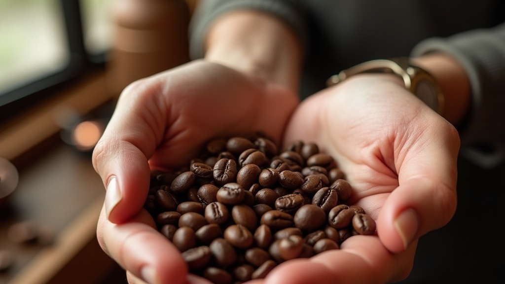 Hochwertige, handverlesene Kaffeebohnen werden in einer offenen Hand geprüft