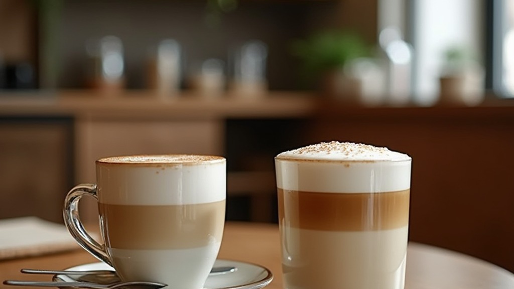 Cappuccino und geschichteter Latte Macchiato nebeneinander im Vergleich