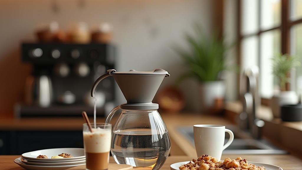 Wasserfilter-Kanne steht neben einer Kaffeemaschine in der Küche