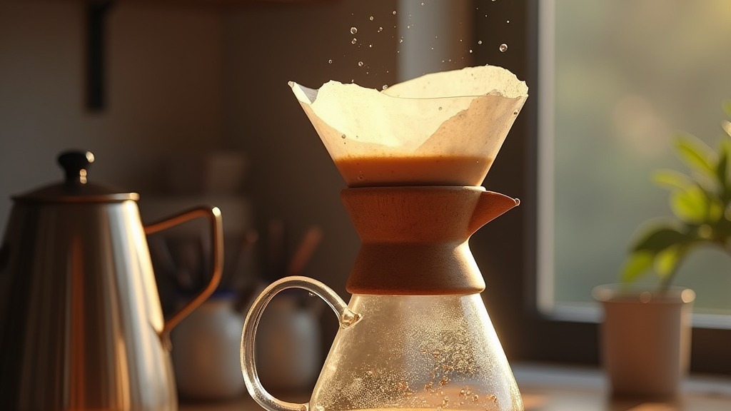 Wasser wird neben einem Pour-Over-Aufsatz aus einer Karaffe gegossen