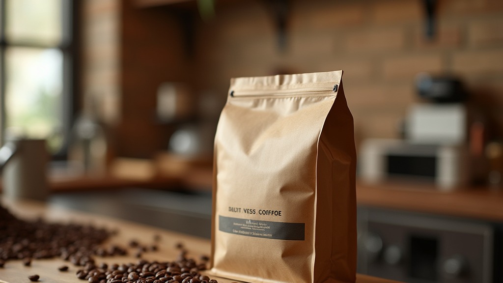 Verschlossene Kaffeebohnen-Packung mit Aromaventil auf einem Küchenregal