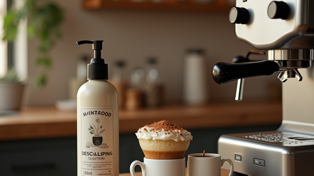 Entkalkerflasche steht neben einer Kaffeemaschine auf der Arbeitsplatte