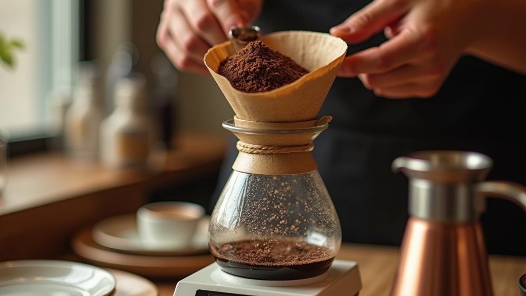 Kaffeepulver wird auf einer Küchenwaage abgewogen