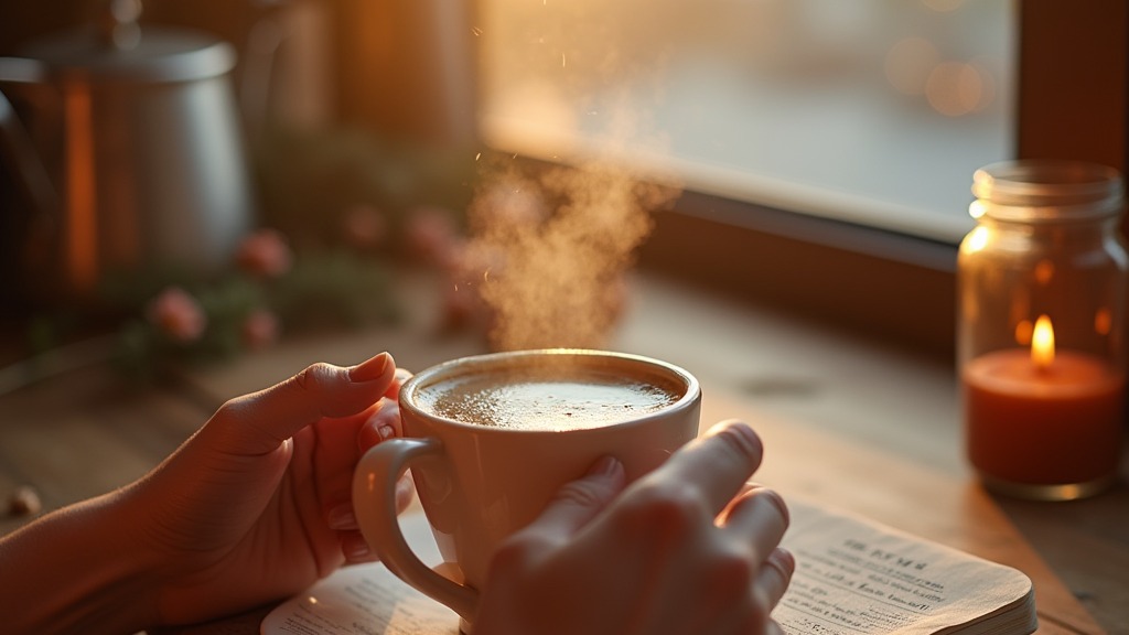 Person hält eine dampfende Tasse Kaffee am sonnigen Fenster